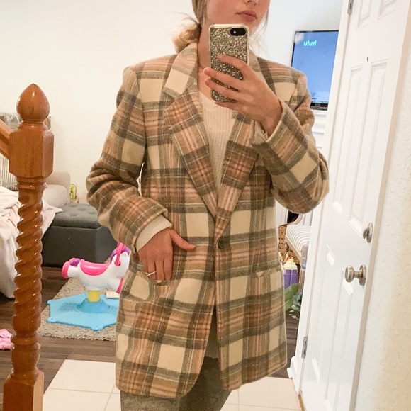 White Stag Jackets & Blazers - Wool Cream and pink plaid blazer jacket white stag